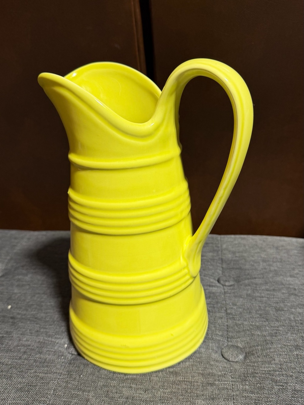 Deartis Portugal Vibrant Canary Yellow Ribbed Ceramic Pitcher Art Deco Style